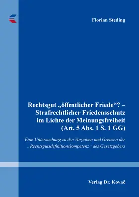 Steding |  Rechtsgut „öffentlicher Friede“? – Strafrechtlicher Friedensschutz im Lichte der Meinungsfreiheit (Art. 5 Abs. 1 S. 1 GG) | Buch |  Sack Fachmedien
