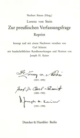 Stein / Simon |  Zur preußischen Verfassungsfrage. Reprint. Hrsg. von Norbert Simon. | Buch |  Sack Fachmedien