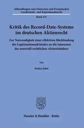 Jobst | Kritik des Record-Date-Systems im deutschen Aktienrecht. | E-Book | sack.de