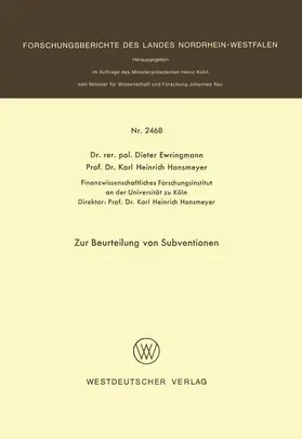 Ewringmann | Zur Beurteilung von Subventionen | Buch | 978-3-531-02468-4 | sack.de