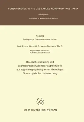 Scheerer-Neumann |  Rechtschreibtraining mit rechtschreibschwachen Hauptschülern auf kognitionspsychologischer Grundlage: Eine empirische Untersuchung | Buch |  Sack Fachmedien