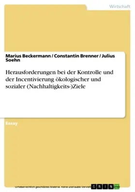Beckermann / Brenner / Soehn |  Herausforderungen bei der Kontrolle und der Incentivierung ökologischer und sozialer (Nachhaltigkeits-)Ziele | eBook | Sack Fachmedien