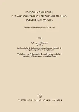 Stüdemann |  Verfahren zur Prüfung der Korrosionsbeständigkeit von Messerklingen aus rostfreiem Stahl | Buch |  Sack Fachmedien