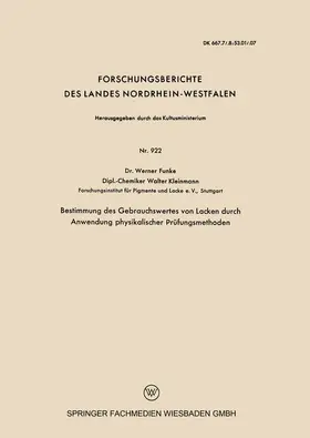 Funke |  Bestimmung des Gebrauchswertes von Lacken durch Anwendung physikalischer Prüfungsmethoden | Buch |  Sack Fachmedien