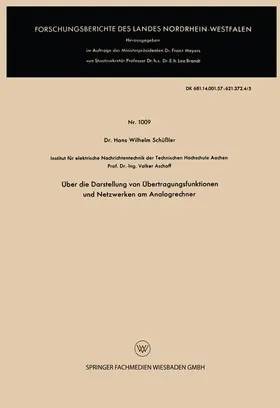 Schüßler |  Über die Darstellung von Übertragungsfunktionen und Netzwerken am Analogrechner | Buch |  Sack Fachmedien