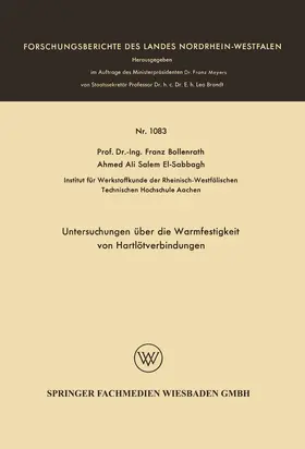 Bollenrath |  Untersuchungen über die Warmfestigkeit von Hartlötverbindungen | Buch |  Sack Fachmedien