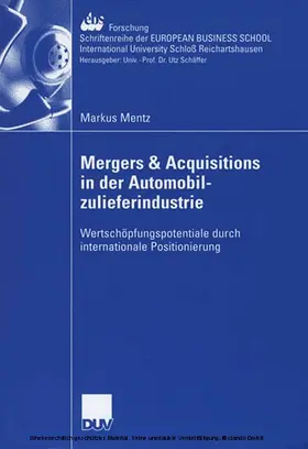 Mentz |  Mergers & Acquisitions in der Automobilzulieferindustrie | eBook | Sack Fachmedien