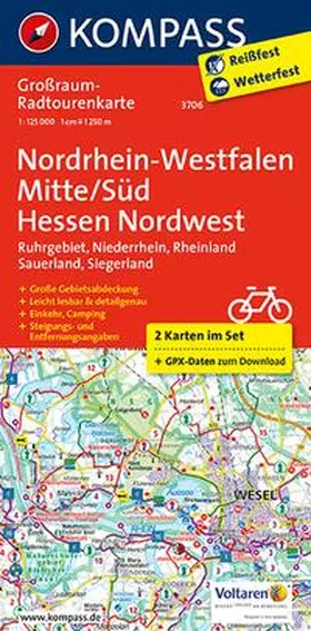  KOMPASS Großraum-Radtourenkarte 3706 Nordrhein-Westfalen Mitte/Süd, Hessen Nordwest 1:125.000 | Sonstiges |  Sack Fachmedien
