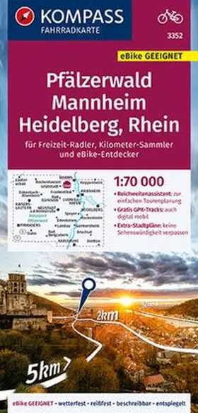  KOMPASS Fahrradkarte 3352 Pfälzerwald, Mannheim, Heidelberg, Rhein 1:70.000 | Sonstiges |  Sack Fachmedien
